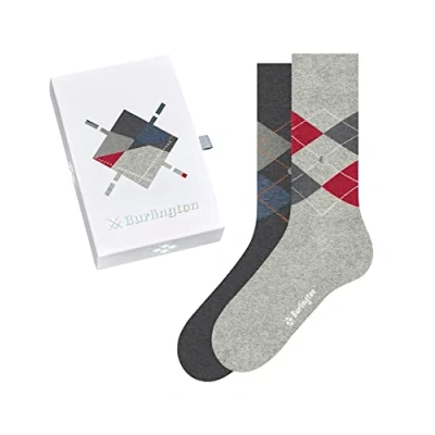 Image of Mens 2 Pair Burlington Argyle Gift Boxed Cotton Socks Light Grey 6.5 11
