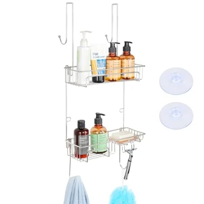 Image of BELLE VOUS Stainless Steel Hanging Shower Caddy Over The Door Rustproof Shelf Organiser No Drill Bathroom Basket Rack for Shampoo &amp; Accessories