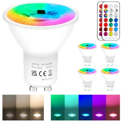 Image of REYLAX GU10 Colour Changing LED Bulbs 5W Dimmable with Remote Spotlight Warm White 12 Colours Spot Lights 5 Modes Timer for Atmosphere and Daily Lighting Pack of 4