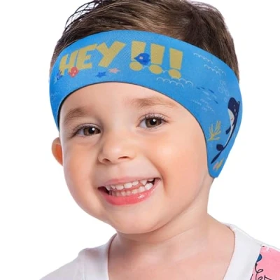 Image of MoKo Swimming Headband for Kids, Cute Swinmmers Ear Band Kids Keep Water Out Waterproof Protection Bathing Band, M Size Light Blue &amp; Shark