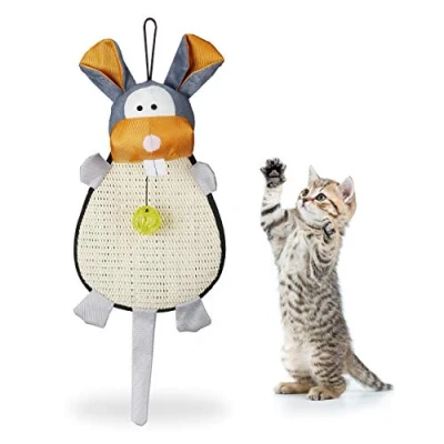 Image of Relaxdays Cat Scratch Mat, Kitty Carpet With Toy, Ball Bell, For the Wall, Hemp, HWD 55x22x10 cm, Colourful