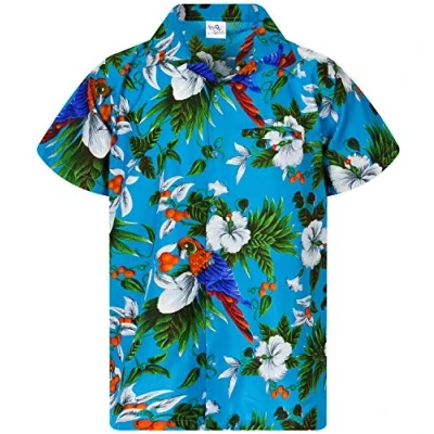 Image of King Kameha Mens Vintage Hawaiian Shirt Casual Short Sleeve Button Down Bird Designs, Cherry Parrot, Turquoise, M