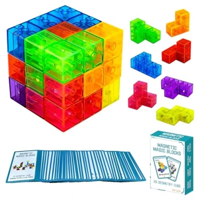 Image of OUXIA Magnetic Building Blocks Magic 3D Puzzle Cubes, Set of 7 Multi Shapes with 54 Guide Cards, Children&#039;s Educational Toys…