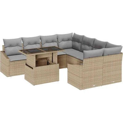 Image of vidaXL 9 Piece Garden Sofa Set with Cushions Beige Poly Rattan