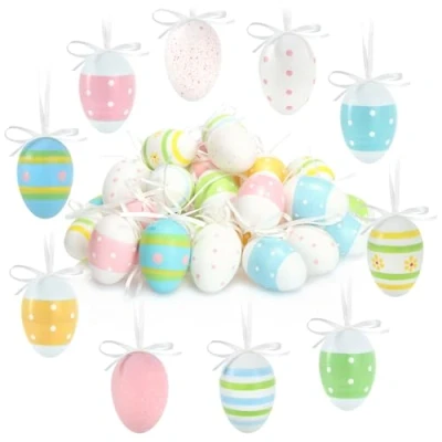 Image of com four® 36x Hand Painted Easter Eggs to Hang Up Pastel Coloured Decorations with Great Patterns Decorative Ribbon 6 cm