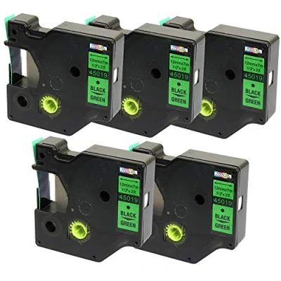 Image of 5X Compatible Tapes D1 45019 S0720590 Black on Green 12mm x 7m for DYMO LabelManager LM 160 210D 220P 260P 280 360D 420P 450D 500TS PnP MobileLabeler LabelPoint LabelWriter LW 400 450 Duo