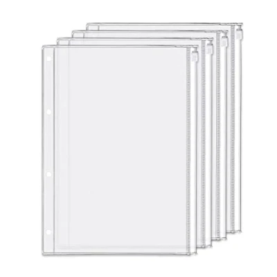 Image of 4 Pack A4 Holes Binder Zip Pockets Plastic Zipper Folders Waterproof Loose Leaf Bags Lock Envelope for Documents Notebooks Cards (Zip Pocket, A4)