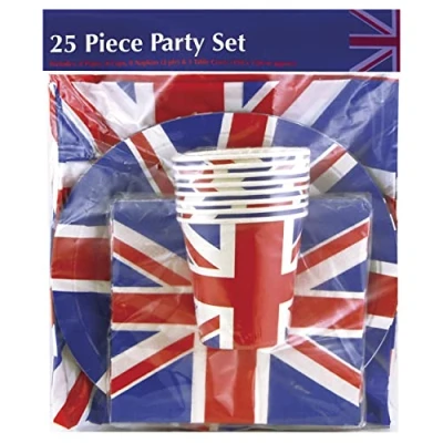 Image of Costume and Party Store 25 Piece Union Jack Napkin/Cup/Table Cover/Plate Tableware King Charles Coronation Supplies Britain GB UK Sporting Event Pub BBQ Royal Theme