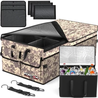 Image of FORTEM Car Boot Organiser, Storage Accessories, Collapsible Multi Compartment Tidy, Non Slip Bottom, Adjustable Securing Straps (Desert, w/Cooler)