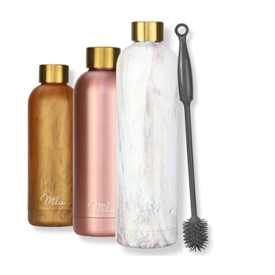 Image of Milu Stainless Steel Water Bottle 500ml 750ml 1L Vaccum Insulated Large Drink Flask Bottles Leakproof Keep Drinks Hot Cold for Bike Camping Sports Gym incl. Cleaning Brush (Pink Marble, 1L)