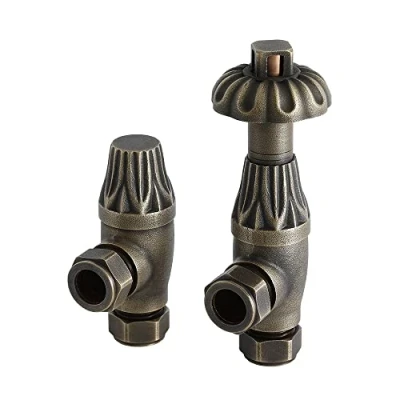 Image of Milano Windsor Pair of Antique Style Brass Angled Heated Towel Rail Radiator Thermostatic Valves