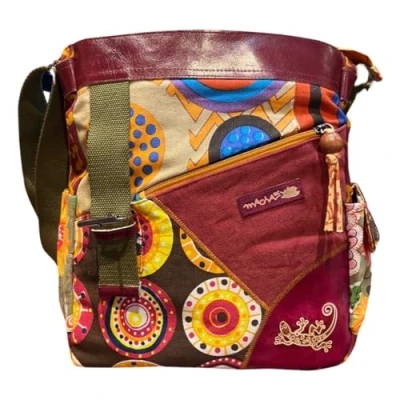 Image of Macha Ethnic cotton bag with colorful prints and leather inserts, shoulder for women Indian (Camel)