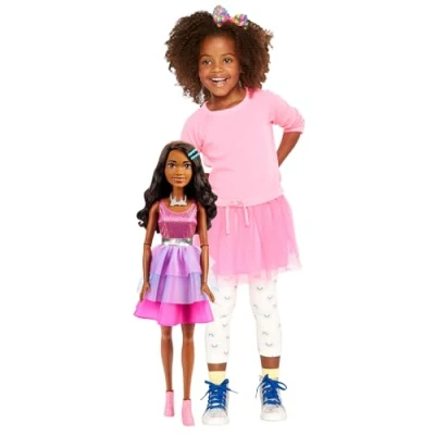 Image of Barbie Large Doll with Black Hair, 28 Inches Tall, Shimmery Pink Dress Necklace and Hair Clip Accessories, HJY03