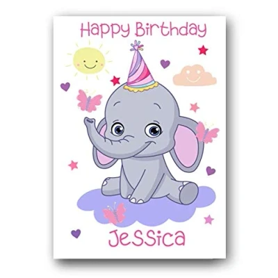 Image of Second Ave Personalised Children&#039;s Kids Elephant Birthday Card Custom Greetings