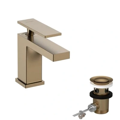 Image of hansgrohe Tecturis E bathroom tap with pop up waste set, energy saving (CoolStart), sink spout height 80 mm, basin mixer water (EcoSmart+), brushed bronze, 73002140