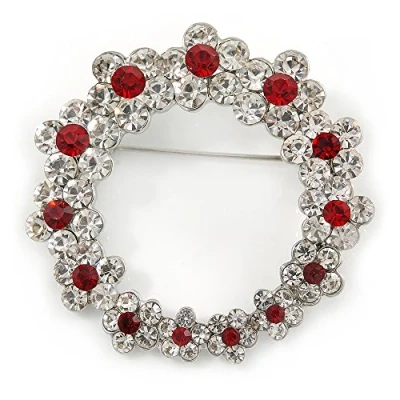 Image of Avalaya Rhodium Plated Clear/Ruby Red Crystal Wreath Brooch 45mm