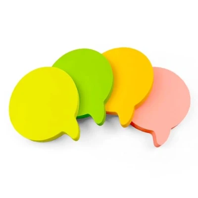 Image of 400 Quality Speech Bubble Shaped Pastel Coloured Removable Sticky Notes 76x76mm 4 Pads of 100 Sheets Orange, Pink, Green, Yellow