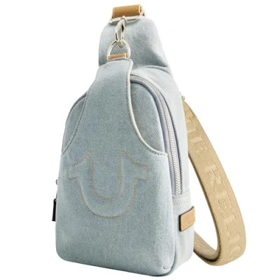 Image of True Religion Women&#039;s Sling Bag, Denim Small Travel Backpack with Adjustable Shoulder Crossbody Strap, Light Blue