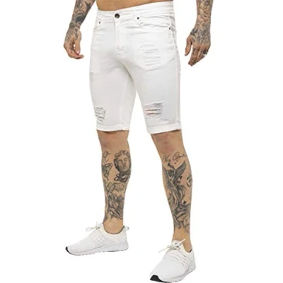 Image of Enzo EZS383 Jeans Mens Denim Shorts Skinny Fit Distressed Ripped Half Pants White 36
