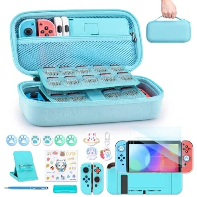 Image of Switch Case for NS 18 in 1 Accessories Bundle with Carrying Case, Game Screen Protector, Stand, Thumb Grips(Blue)