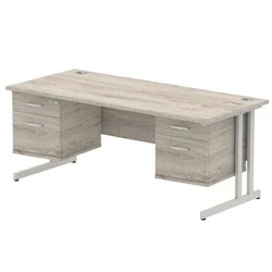 Image of Impulse 1800x800 Desk Grey Oak Cantilever Leg + 2x Fixed Pedestal