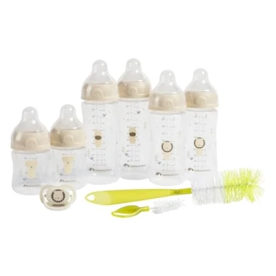 Image of Bebeconfort Physio Air Complete Bottle Kit, Feeding Essentials, 0+ Months, Includes 6 Baby Bottles, a Soother and 2 in 1 Brush,Physiological Shaped Teat, Anti Colic Design
