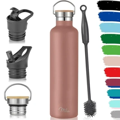 Image of Milu Stainless Steel Drinking Bottle 350ml, 500ml, 750ml, 1l (+3 Lids) Thermo with Straw, Water Bottle, for Hot, Cold &amp; Carbonated Drinks (Rose Gold, 1000ml)