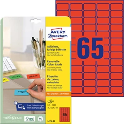 Image of Avery Zweckform Labels 38.1 x 21.2 mm Removable Red