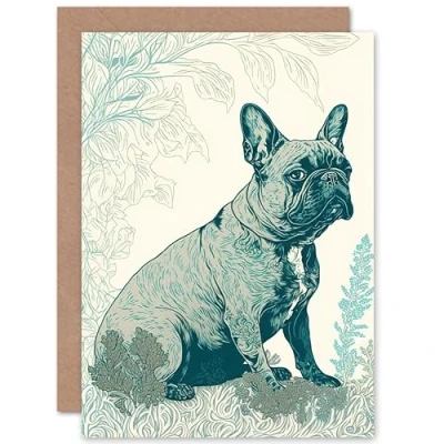 Image of Artery8 French Bulldog Sitting in the Park Modern Monochrome Linocut Illustration Art Birthday Sealed Greeting Card Plus Envelope Blank inside