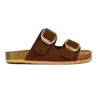 Image of ESSEX GLAM Womens Flat Sandals Large Double Strap Buckle Ladies Open Toe Slip On Casual Holiday Brown Slider Mule Size 3