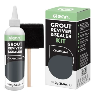Image of GLEAN Grout Reviver &amp; Sealer CHARCOAL 340g Restore, Repair, Renew Tile Includes Foam Brush Stain Resistant, Breathable Bathroom, Shower Kitchen