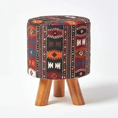 Image of HOMESCAPES Traditional Style Tall Kilim Footstool 32 x 42 cm
