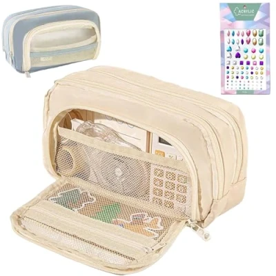 Image of Big Capacity Pencil Case, 3 Compartments Simple Storage Aesthetic Large Pouch Handheld Pen Bag Cosmetic Portable Gift (Beige)