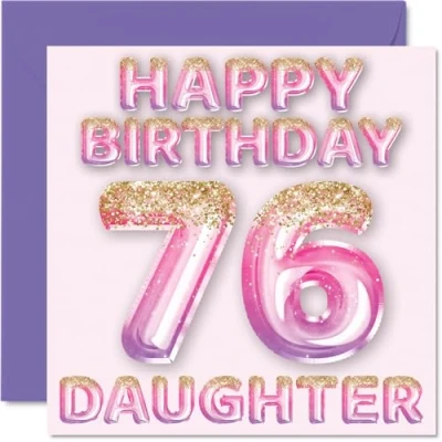 Image of 76th Birthday Card for Daughter Pink &amp; Purple Glitter Balloons Happy Cards 76 Year Old from Mum Dad Parents, 145mm x Bday Greeting Gift