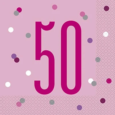 Image of Dazzling 50th Glitz Pink &amp; Silver Luncheon Napkins (16cm) Soft Chic Sparkling Design Perfect for Celebrations Events 16ct