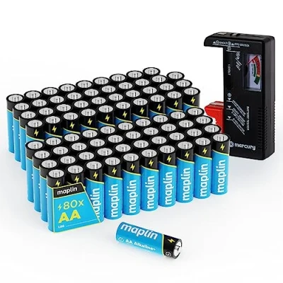 Image of Maplin 80x AA LR6 1.5V Alkaline Batteries 10 Year Shelf Life High Performance with Universal Battery Tester
