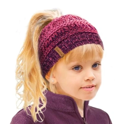 Image of TOSKATOK Girl&#039;s Thermal Teddy Fleece Lined Ponytail Beanie Hat PURP/Morello/Pink