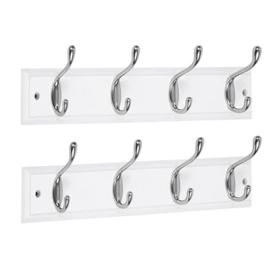 Image of DOKEHOM [2 Pack 4 Satin Nickel Hooks on White Color Board Wall Mounted Coat Hook Rack Hanger