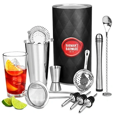 Image of bar@drinkstuff 2 barman&#039;s barware kit Premium with Boston tin &amp; Glass, Jigger Measure, Muddler, Twisted Mixing Spoon, Pourers, Hawthorne Strainer, Julep Conical Sieve