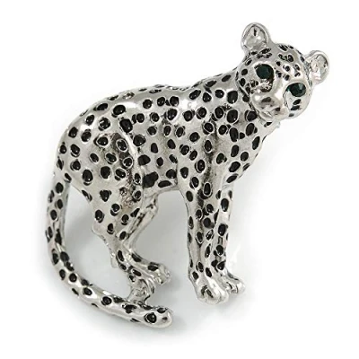 Image of Avalaya Unique Leopard Brooch in Silver Tone Metal with Black Spots 42mm Across