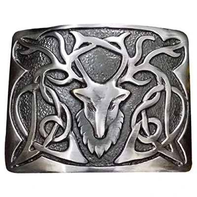 Image of Mens Scottish Kilt Belt Buckle Stag Head Antique Silver Finish/Highland Kilts Dress Buckles Celtic Knot Matilice Brass (Silver Finish)