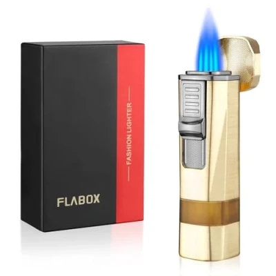 Image of Cgaplus 4 Jet Flame Cigar Lighter with Stand Windproof Butane Refillable Torch Punch Gold (Without Gas)