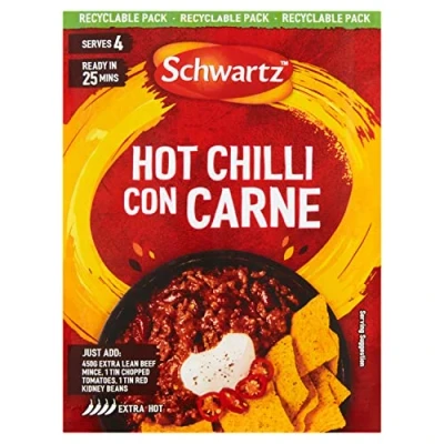 Image of Schwartz Hot Chilli Con Carne Mix 41 G Serves 4 Pack of 12 Extra &amp; Spicy Rich Mexican Flavour With Vibrant Chillies, Earthy Cumin and Cocoa Powder