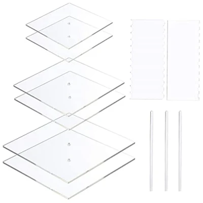 Image of 11 Pieces Acrylic Round/Square Cake Disk Set Circle Base Boards with Center Hole Pillar Comb Scrapers Dowel Rod Butter Cream Decorating Tools Kitchen Supplies