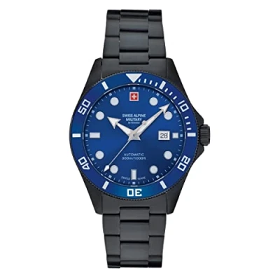 Image of Swiss Alpine Military Men&#039;s Watch Analogue Automatic 7095.2 Stainless Steel, Black/Black/Blue 2175SAM, Bracelet