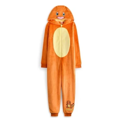 Image of Pokemon Charmander Kids Onesie Childrens Character Graphic Print Hooded Sleepsuit in Orange Pocket Monster Pajama Nightwear for Boys &amp; Girls TV Series Game Merchandise Gift