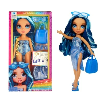 Image of Rainbow High Swim &amp; Style Skyler (Blue) 28 cm Doll with Shimmery Wrap to 10+ Ways Removable Swimsuit, Sandals, Fun Play Accessories Kids Toy Great for Ages 4 12 Years
