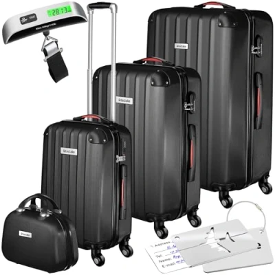Image of TecTake® Hard Shell Suitcase Set, Lightweight Suitcases with TSA Lock Including Extra Large, Medium and Beauty Case, 360 Degree Wheels, Telescopic Handle Luggage Scale Black
