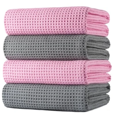 Image of POLYTE Microfibre Oversize Quick Dry Lint Free Bath Towel, 152 x 76 cm, 4 Pack (Grey,Pink, Waffle Weave)