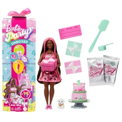 Image of Barbie Party Unboxed Doll &amp; Accessories, Pet Birthday Series Shimmerin’ Hearts Set with 10 Surprises Including Color Change Cake Decorating Activity, JFG71
